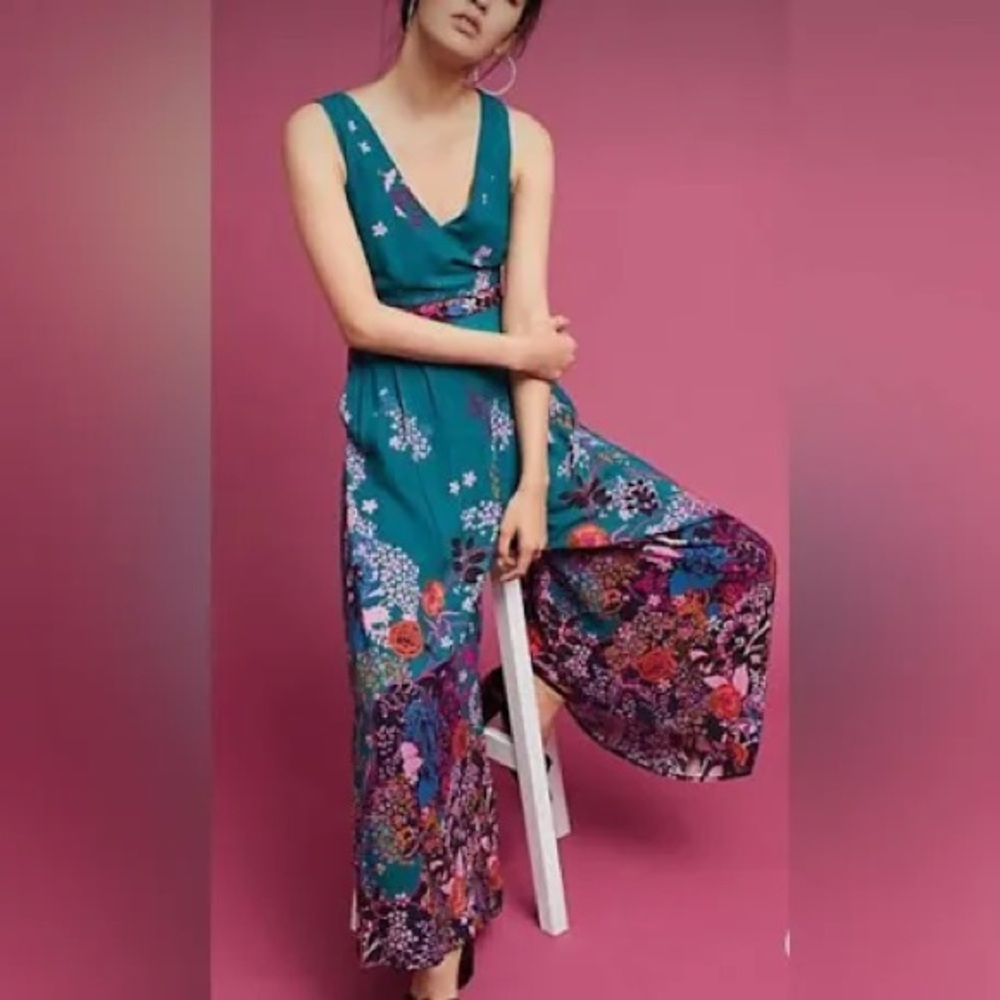 Anthropology/Maeve Teal Floral Jumpsuit Size S - Picture 2 of 7